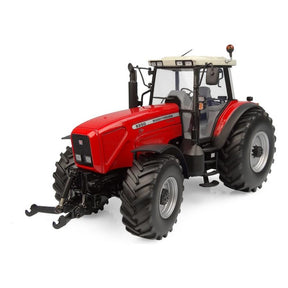 The AGCO Massey Ferguson MF 8260 XTRA 1:32 scale model (X993042205351) is a detailed replica of a large red four-wheel tractor. It features a white cabin, black tires, and an attached toolbox at the back, all set against a white background.