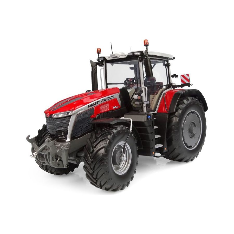 A red and black AGCO MF 9S .425 Massey Ferguson tractor (1:32 - X993042306426) with large tires and modern features is displayed on a white background, perfect for agricultural contractors.