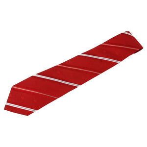 A Massey Ferguson MF Tie White Stripes (X993210152000) from AGCO, featuring a red silk design with elegant diagonal white and thin silver-striped patterns, makes for the perfect formal accessory for any occasion.