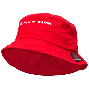 The Massey Ferguson - Kids Red Bucket Hat (X993232202000) by AGCO is made from 100% cotton twill and features the phrase "BORN TO FARM" embroidered in white on the front.