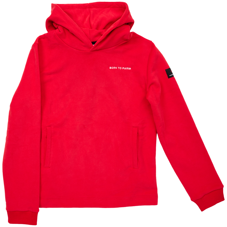 The AGCO Massey Ferguson Red Hoody For Kids (X993322302) features "BORN TO FARM" embroidered on the chest, hidden side pockets, and a black patch on the left sleeve. This heavy single jersey hoodie provides a cozy fit perfect for all their adventures.