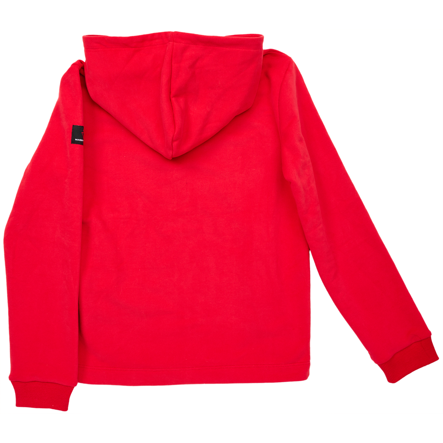 The AGCO Massey Ferguson - Red Hoody For Kids (X993322302) features long sleeves and is made from heavy single jersey material, shown from the back. Hidden side pockets add a touch of practicality to this cozy piece.