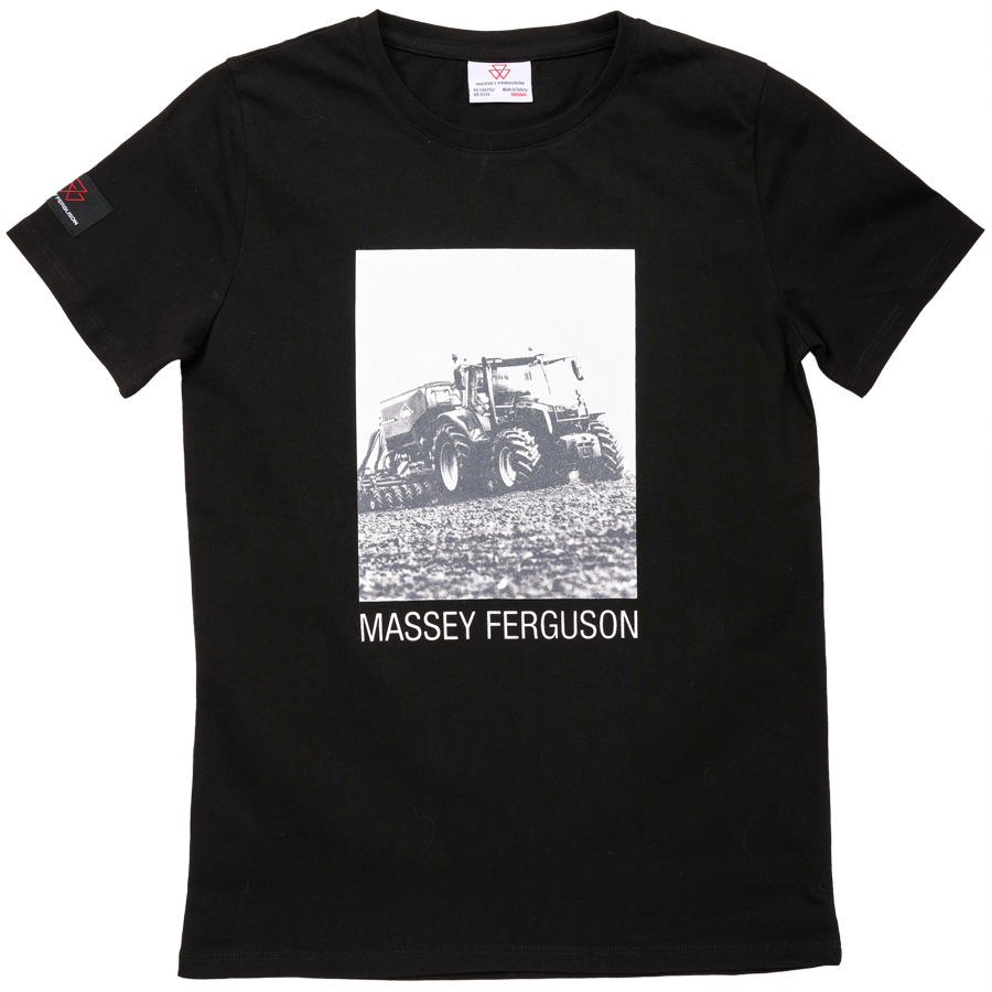 The Massey Ferguson - T-Shirt With Tractor For Kids (X993322304) is a black 100% cotton T-shirt by AGCO, featuring a black-and-white image of an MF 8S Massey Ferguson tractor on the front, with the text "MASSEY FERGUSON" beneath the image.