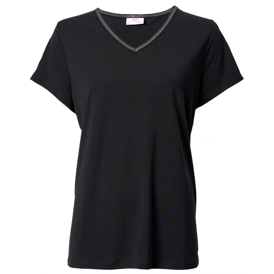 A plain, short-sleeved, 100% cotton black Massey Ferguson Women's V-neck T-shirt by AGCO (X993322306000) against a white background.