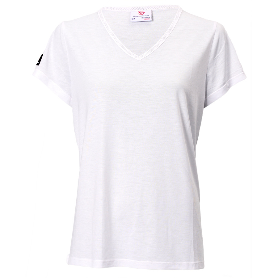 The AGCO Massey Ferguson Women's White V-Neck T-Shirt (X993322307000) features short sleeves and simple stitching details, made from 100% cotton. It has a feminine design with a small, subtle logo on the left sleeve.