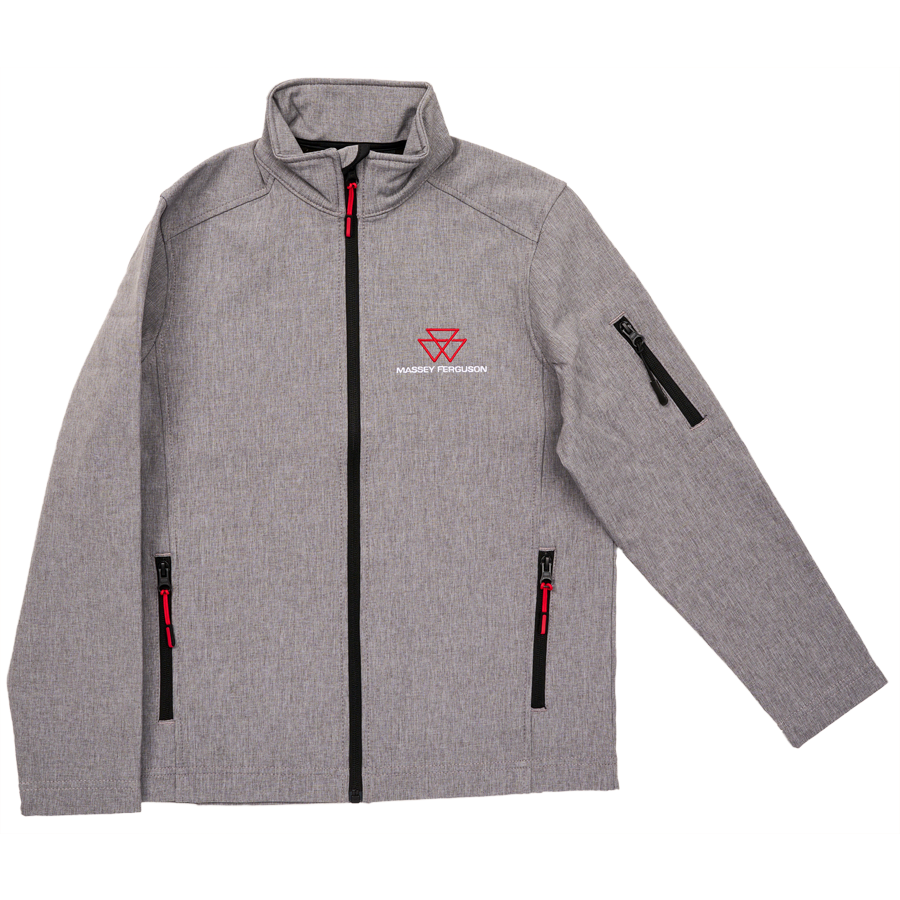 The AGCO Massey Ferguson Kids Softshell Jacket (X993342302200) is a gray zip-up jacket with red and black accents. It features a small red and white logo on the left chest, several zippered pockets, and offers waterproof protection with breathable, all-weather comfort.