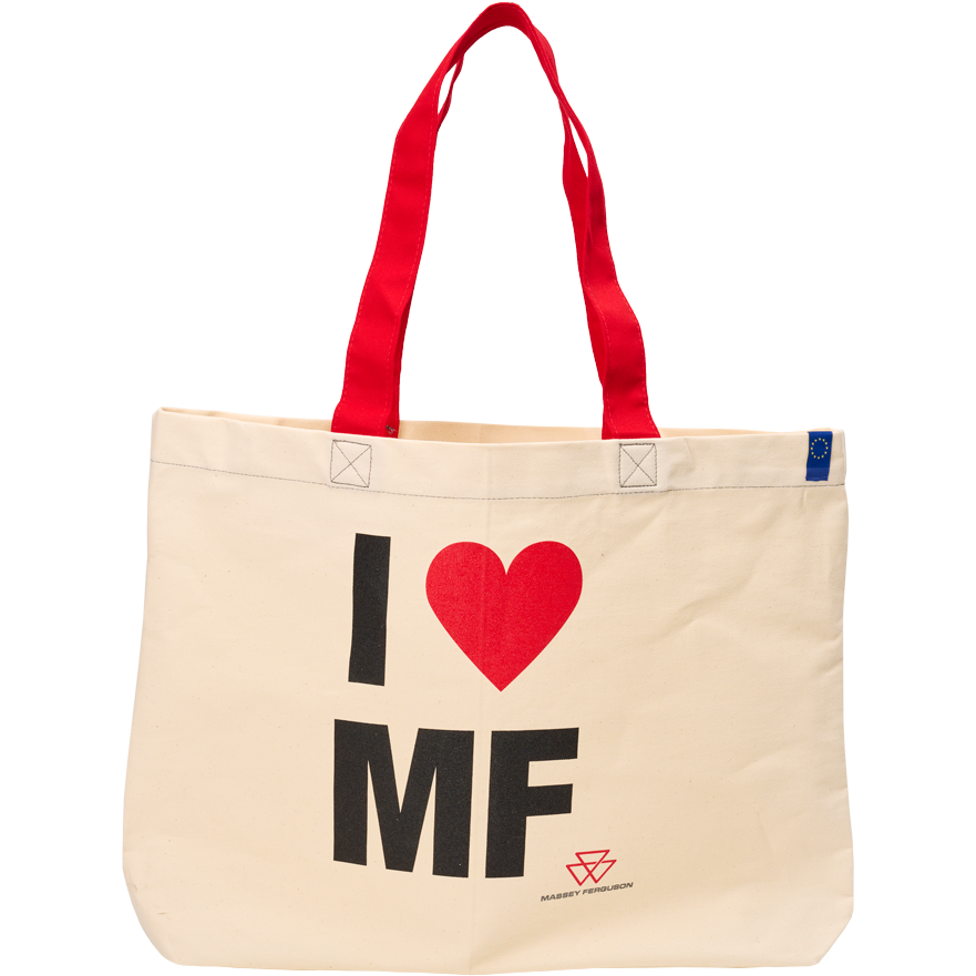 A cotton tote bag from AGCO, model Massey Ferguson - Shopping Bag - X993342304000, features a beige body with red handles and has "I ♥ MF" written on it in black and red letters.