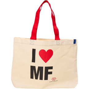 A cotton tote bag from AGCO, model Massey Ferguson - Shopping Bag - X993342304000, features a beige body with red handles and has "I ♥ MF" written on it in black and red letters.