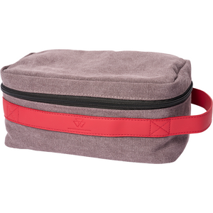 Introducing the AGCO Massey Ferguson Toiletry Bag (X993382301000): a rectangular canvas accessory in light greyish-purple, featuring a striking red handle, a sleek black zipper on top, and an elegant leather label.