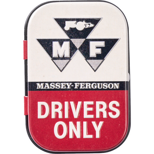 A sign reading "Massey-Ferguson Drivers Only" in red and white, showcasing the Massey-Ferguson logo at the top, designed to evoke a vintage mint box look. This item is part of AGCO's offerings and has the product code X993402203000.