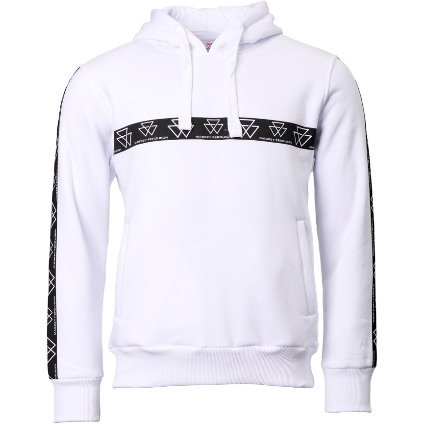 The Massey Ferguson - White Hoodie With Side Pockets - X993412301000 by AGCO is a white hoodie featuring a black strip across the chest and sleeves, adorned with triangular patterns and "Massey Ferguson" text. It includes a front pocket, side pockets, and a drawstring hood.