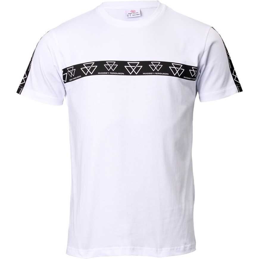 The AGCO Massey Ferguson - White Crew Neck T-Shirt (X993412302000) features a horizontal black band across the chest and sleeves, adorned with a repeated triangular Massey Ferguson logo pattern.