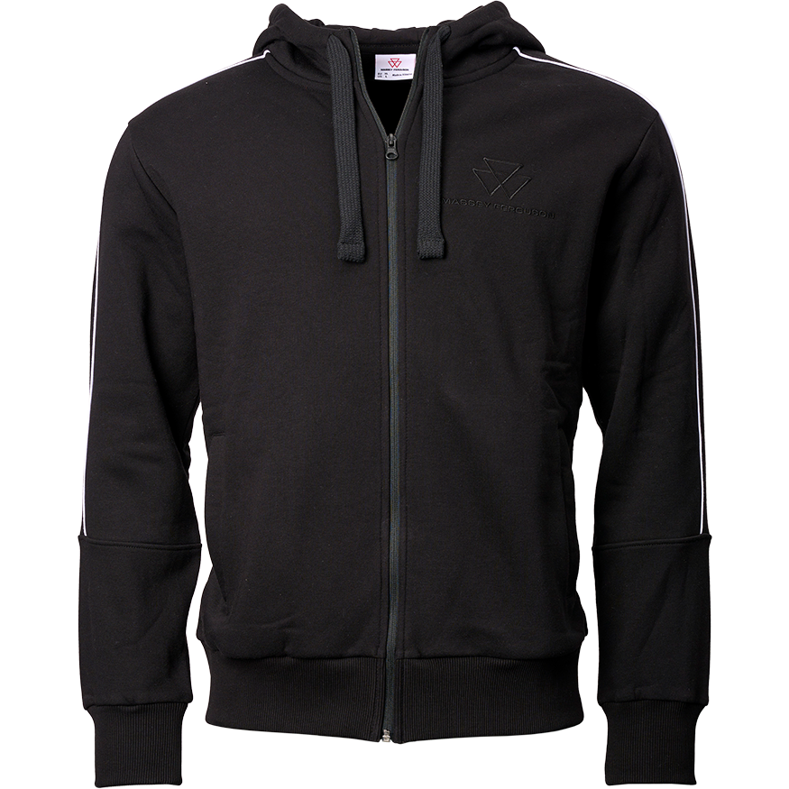 Introducing the AGCO Massey Ferguson Black Hooded Jacket (X993412303) – a sleek zip-up cotton polyester hoodie designed with drawstrings and stylish white stripe accents on the shoulders and sleeves. This sweatshirt jacket also features a small, prominent logo on the left chest.