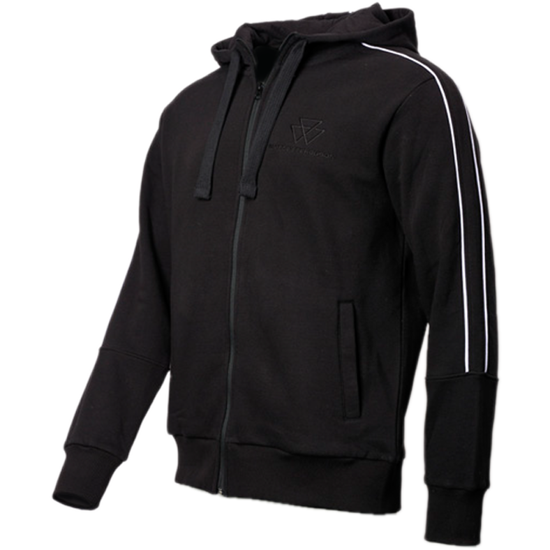 The Massey Ferguson Black Hooded Jacket (X993412303) by AGCO, features white stripes on the sleeves, a small logo on the left chest area, and is crafted from a comfortable cotton polyester blend.