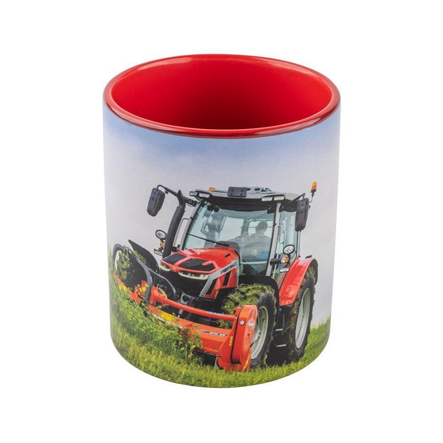 A ceramic mug from AGCO, named "Massey Ferguson - Mf 5S Mug - X993442203000," features a printed motif of an MF 5S red tractor on a grassy field and has a red interior.