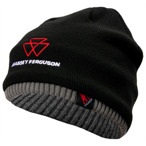 Black and gray double layer knitted beanie featuring the "Massey Ferguson" logo and text embroidered in red and white, designed by AGCO (Product Name: Massey Ferguson - Double Layer Beanie - X993482301000).