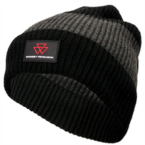 The AGCO Massey Ferguson Knitted Beanie (X993482302000) is a black and gray woolen beanie with a ribbed texture, featuring an embroidered Massey Ferguson logo on the front.