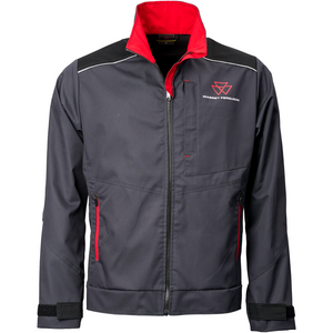 AGCO's Massey Ferguson Men's Dark Grey Work Jacket (X993532204) features a gray and black design with red accents, a front zipper, two side pockets, reflective stripes, and a logo on the upper left chest.