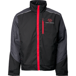 Introducing the AGCO Massey Ferguson Winter Work Jacket (X993532206): a stylish black and gray jacket with distinctive red accents. It features a vertical red stripe, a zippered chest pocket, an adjustable hem, and proudly displays the Massey Ferguson logo on the front.