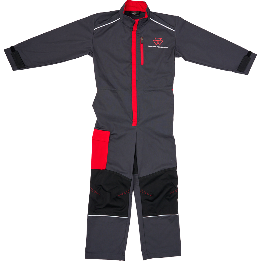 The Massey Ferguson - Kids Overall - X993532207 by AGCO is a gray and red children's coverall designed with a single-zip front, long sleeves, and multiple pockets. It includes one distinctive red pocket on the left thigh. For enhanced durability and safety, the overall features black knee patches and reflective piping for added visibility.