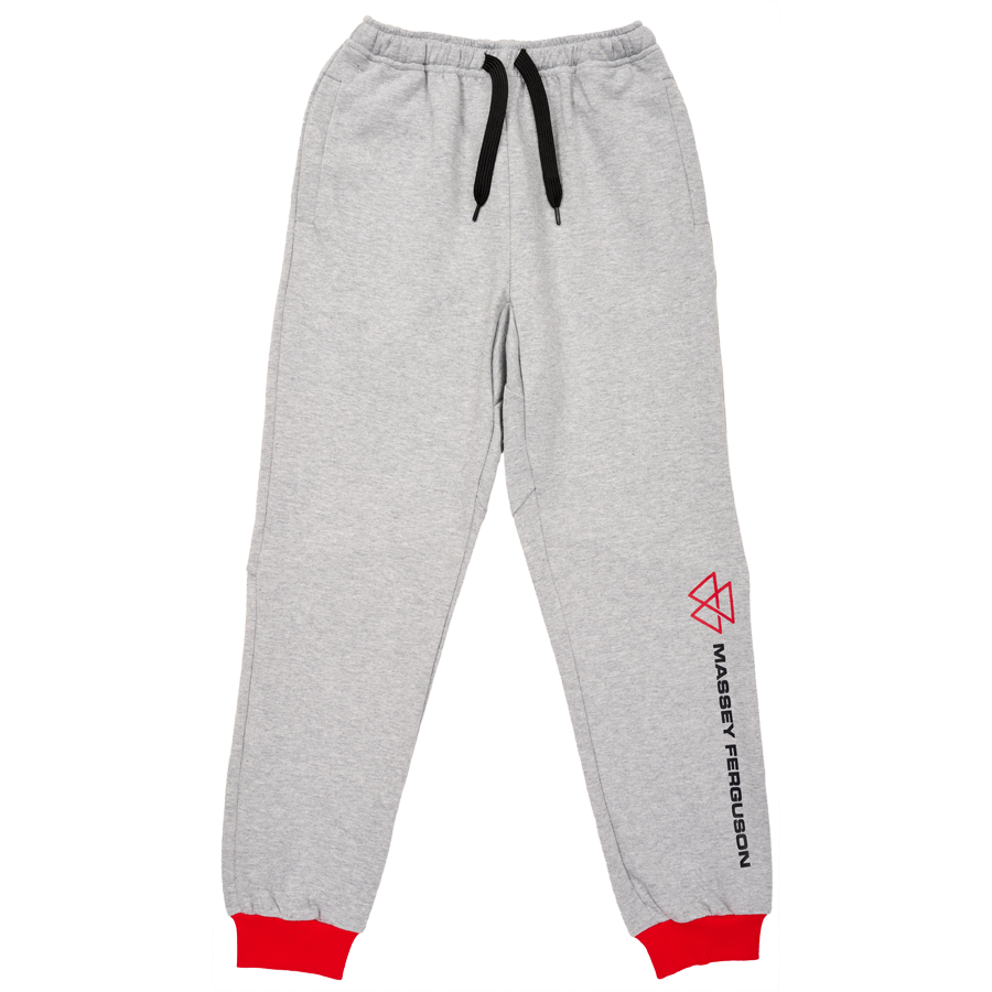 The AGCO Massey Ferguson kids tracksuit pants, product number X993532210, come in grey with a black drawstring and red ankle cuffs. They feature "Massey Ferguson" branding along the left leg and an elasticated waistband for added comfort, making them perfect for active days.