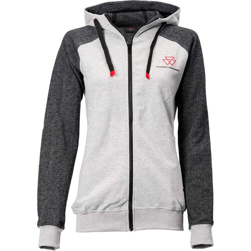 AGCO's Masssey Ferguson Women's Track Suit Jacket (X993532212) features a grey and dark grey color scheme, zip-up design, logo on the left chest area, ribbed knit cuffs, adjustable hood, and red drawstring tips; displayed on a white background.