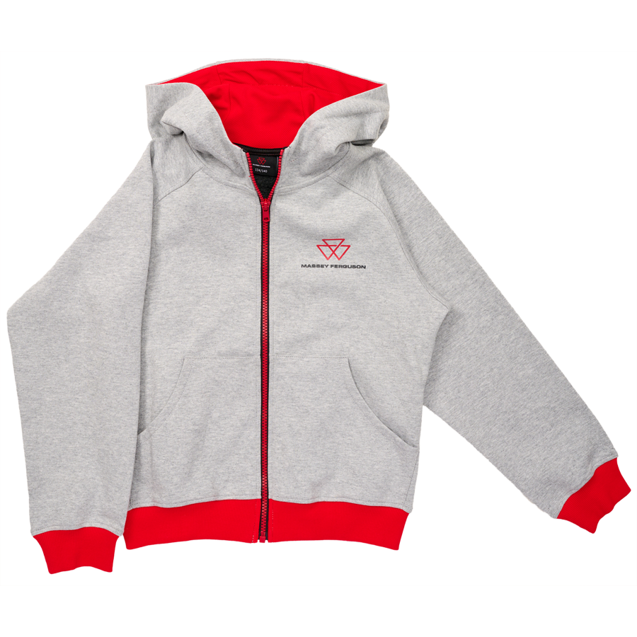 AGCO's Massey Ferguson Kids Tracksuit Jacket (X993532213) is a gray hoodie with red trim, featuring a large front zip, a ribbed knit design, and a red emblem on the left chest area.