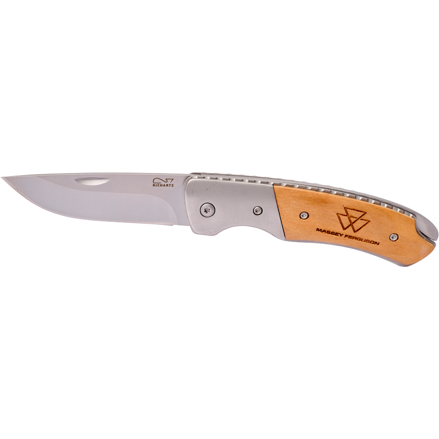 The Massey Ferguson - Folding Pocket Blade (Product Code: X993562301000), from the AGCO brand, is a folding pocket knife with a stainless steel blade and a handle combining metal and wood. The handle is engraved with a triangular logo and the words "MASSEY FERGUSON," and the knife features an advanced blade locking system for enhanced safety.