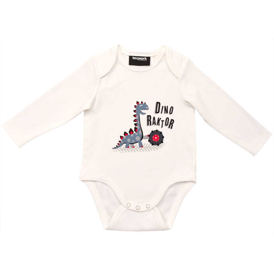 A white long sleeve cotton bodysuit from AGCO's Massey Ferguson collection, featuring a cartoon dinosaur and the text "Dino Raktor" on the front, Product ID: X993602301.