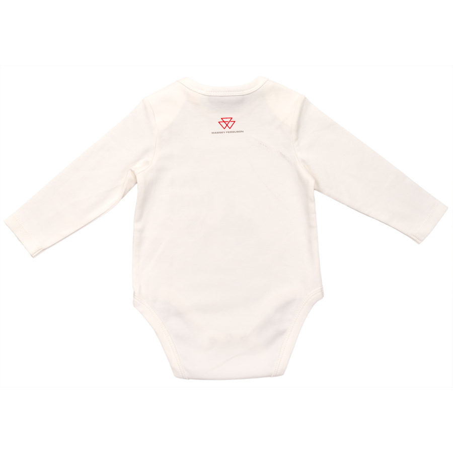 Back view of the AGCO "Massey Ferguson - Baby Dino Raktor Long Sleeves Body - X993602301" bodysuit, featuring a small red logo and text near the neckline.