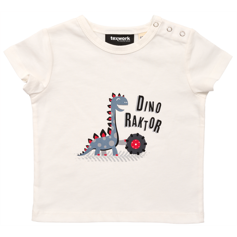 The AGCO Massey Ferguson Baby Dino Raktor T-Shirt (X993602302) is a white children's T-shirt from the baby collection, showcasing a blue cartoon dinosaur with red spikes standing next to a wheel, accompanied by the text "Dino Raktor Massey Ferguson.