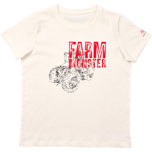 An AGCO brand T-shirt named "Massey Ferguson - Farm Monster T-Shirt For Boy - X993602307," featuring a white background with a black sketch of a tractor and bold red "FARM MONSTER" text above it, perfect for fans of Massey Ferguson.