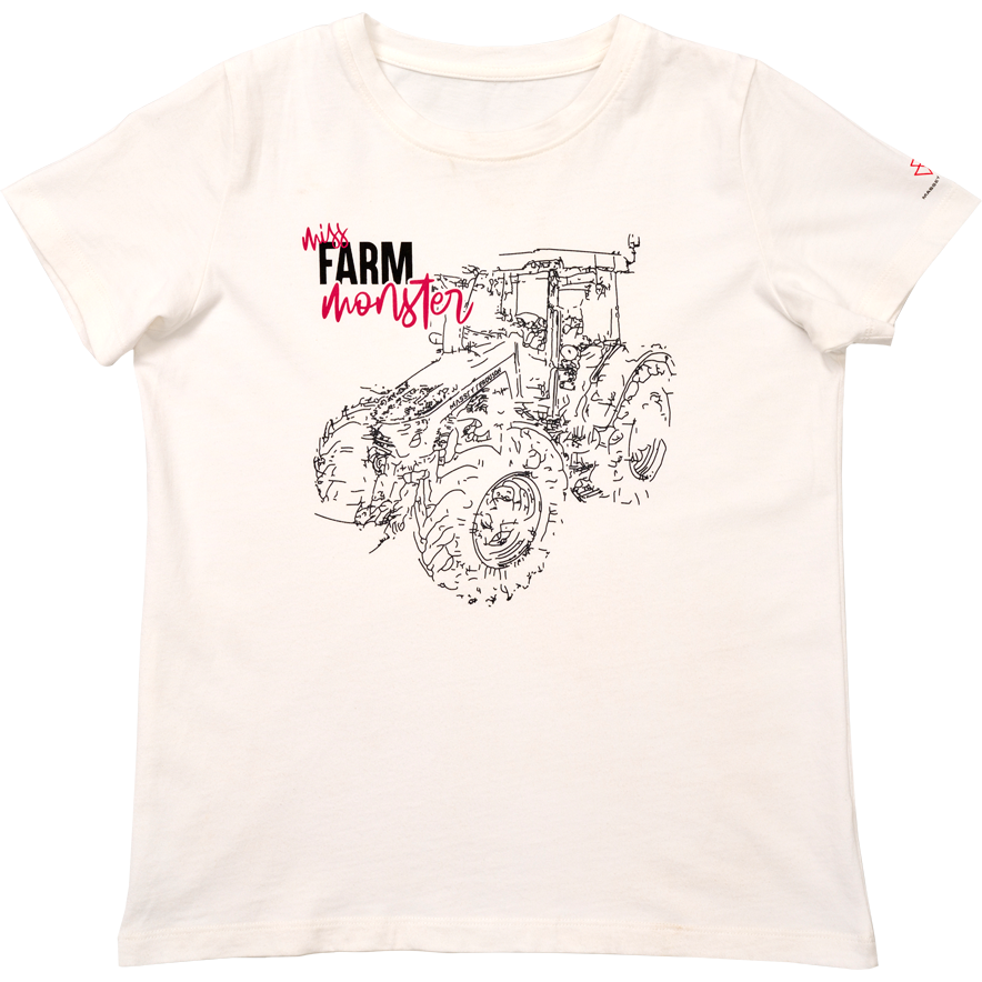 AGCO's Massey Ferguson T-Shirt Miss Farm Monster For Girls - X993602309 is a white tee featuring a black tractor print and the words "Miss Farm Monster" in stylized red and black text.