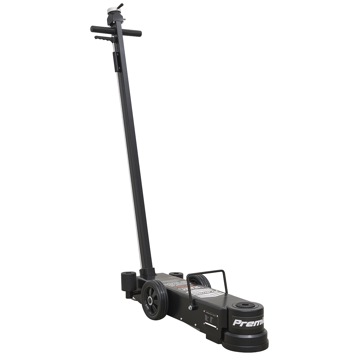 A black Air Operated Jack, model YAJ15-30LE by Sealey, featuring an extended handle, wheels for mobility, and a powerful 2-stage mechanism perfect for lifting heavy plant equipment.