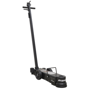 A black Air Operated Jack, model YAJ15-30LE by Sealey, featuring an extended handle, wheels for mobility, and a powerful 2-stage mechanism perfect for lifting heavy plant equipment.