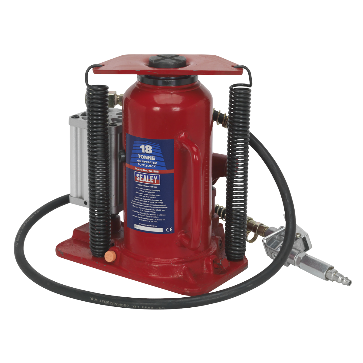 A powerful red hydraulic bottle jack, the "Sealey Air Operated Bottle Jack 18 Tonne - YAJ18S," equipped with a reliable black coil spring and connected to a grey air pump via a hose, ideal for lifting heavy vehicles.