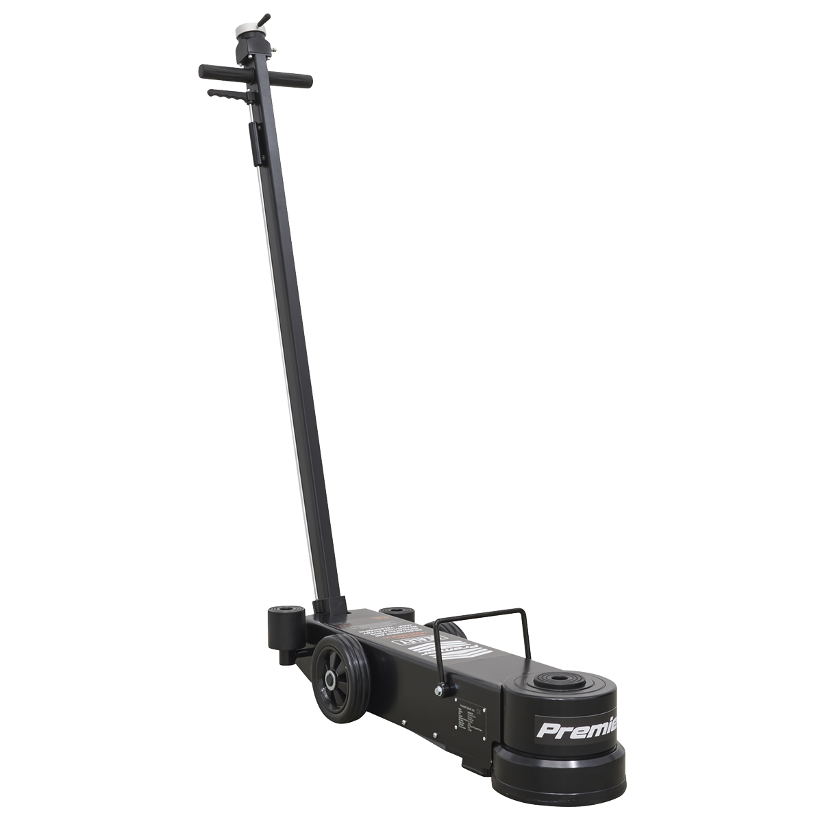 The Sealey Air Operated Jack 20-60 Tonne Telescopic - Long Reach/Low Profile (YAJ20-60LR) features a long handle, two rear wheels, and a front lifting pad, making it "Premium" quality for efficiently lifting heavy plant equipment.