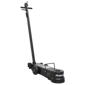 The Sealey Air Operated Jack 20-60 Tonne Telescopic - Long Reach/Low Profile (YAJ20-60LR) features a long handle, two rear wheels, and a front lifting pad, making it "Premium" quality for efficiently lifting heavy plant equipment.