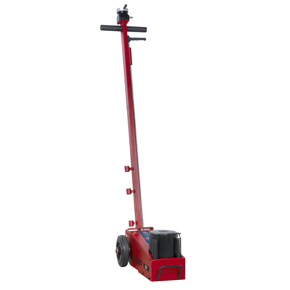 The Sealey Air Operated Jack 20 Tonne - Single Stage (YAJ201) is a powerful red hydraulic floor jack with a tall handle, designed for lifting heavy vehicles. It features two small wheels at the base for easy mobility.