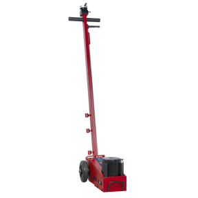 The Sealey Air Operated Jack 20 Tonne - Single Stage (YAJ201) is a powerful red hydraulic floor jack with a tall handle, designed for lifting heavy vehicles. It features two small wheels at the base for easy mobility.