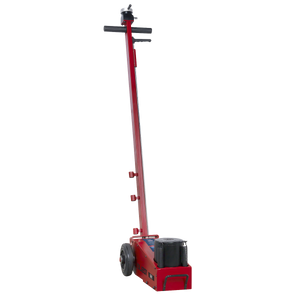 The Sealey Air Operated Jack 20 Tonne - Single Stage (YAJ201) is a powerful red hydraulic floor jack with a tall handle, designed for lifting heavy vehicles. It features two small wheels at the base for easy mobility.