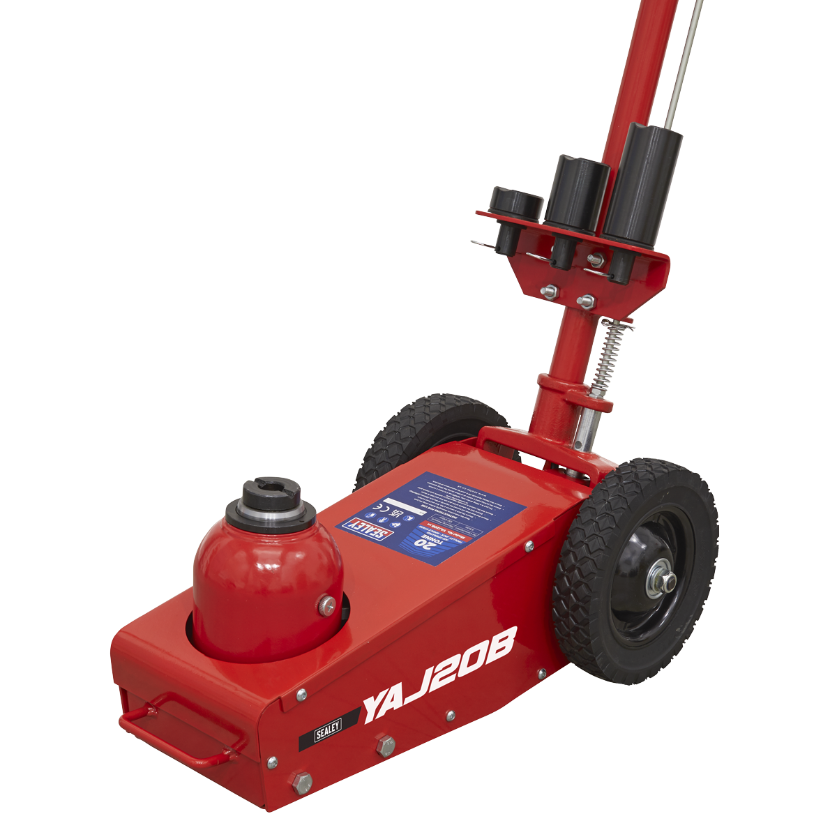 The Sealey Air Operated Trolley Jack 20 Tonne - Single Stage (YAJ20B) is a powerful and reliable hydraulic floor jack with black wheels and a long handle, ideal for heavy plant lifting.