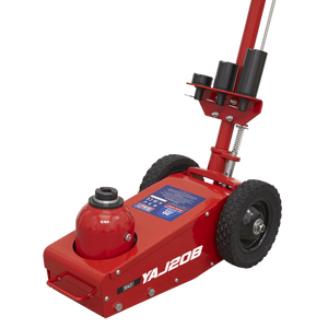 The Sealey Air Operated Trolley Jack 20 Tonne - Single Stage (YAJ20B) is a powerful and reliable hydraulic floor jack with black wheels and a long handle, ideal for heavy plant lifting.