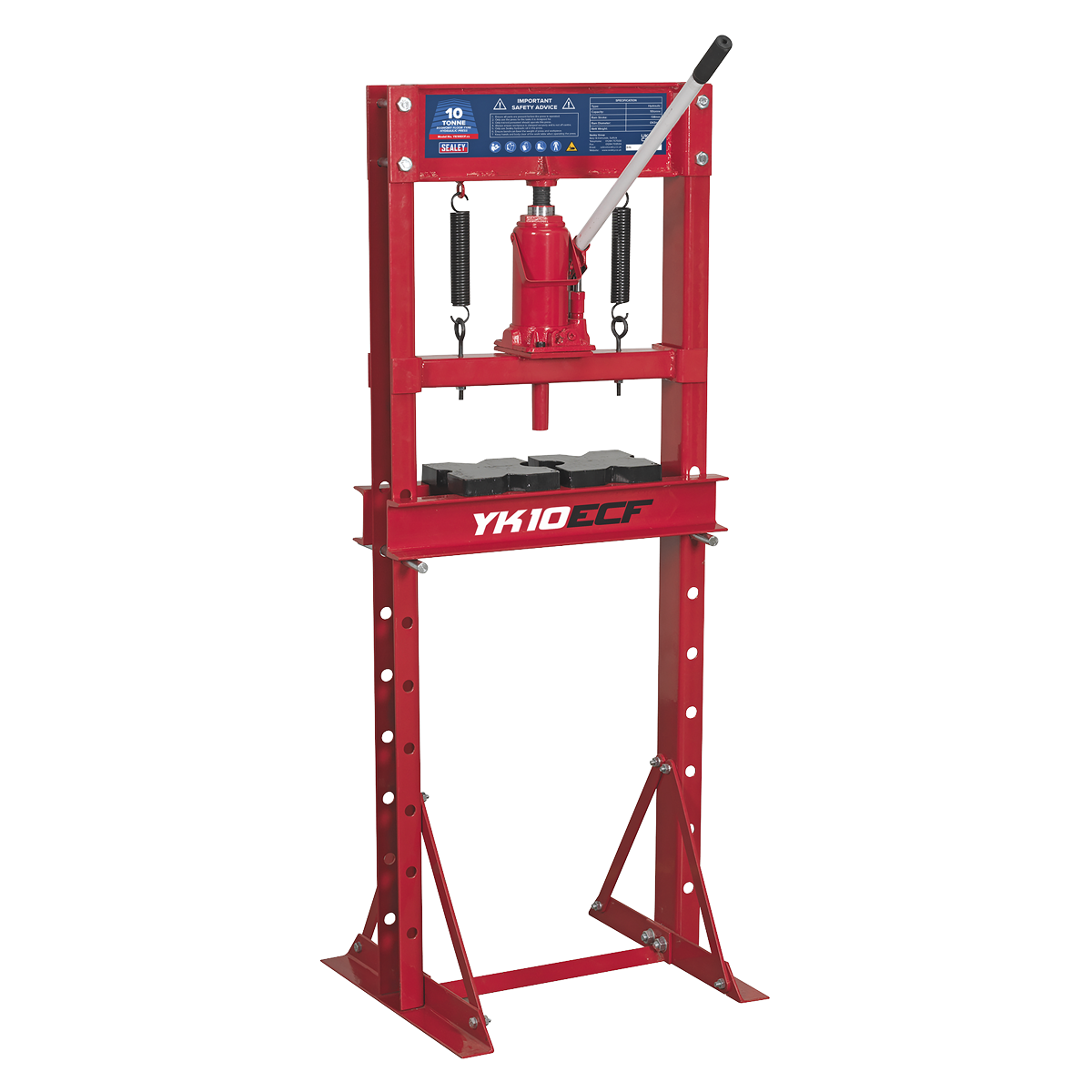 The Sealey Hydraulic Press 10 Tonne Economy Floor Type, model YK10ECF, is a red shop press that features a 10-ton capacity, a manual lever for pressing operations, and a support frame. Constructed from high-quality steel, this economy model guarantees durability and reliable performance.