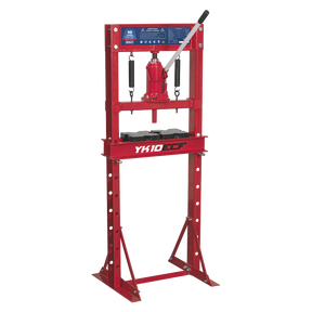 The Sealey Hydraulic Press 10 Tonne Economy Floor Type, model YK10ECF, is a red shop press that features a 10-ton capacity, a manual lever for pressing operations, and a support frame. Constructed from high-quality steel, this economy model guarantees durability and reliable performance.