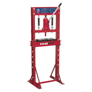 The Sealey Hydraulic Press 10 Tonne Economy Floor Type, model YK10ECF, is a red shop press that features a 10-ton capacity, a manual lever for pressing operations, and a support frame. Constructed from high-quality steel, this economy model guarantees durability and reliable performance.