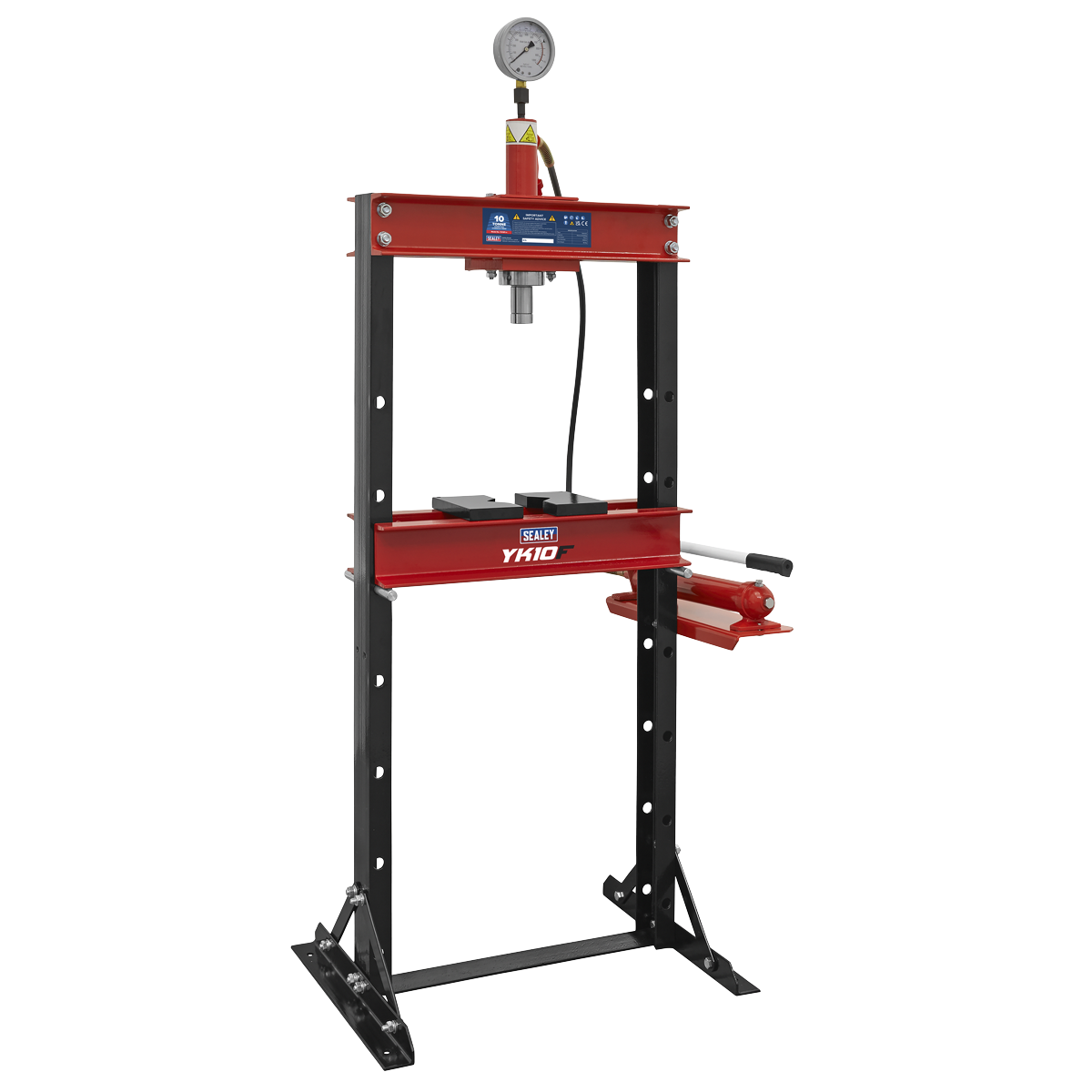 Introducing the Sealey Hydraulic Press 10 Tonne Floor Type - YK10F: a high-quality red and black steel hydraulic shop press featuring a pressure gauge mounted on top. Equipped with an operation lever handle on the right side, this economy model offers impressive corrosion resistance.