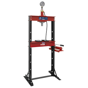 Introducing the Sealey Hydraulic Press 10 Tonne Floor Type - YK10F: a high-quality red and black steel hydraulic shop press featuring a pressure gauge mounted on top. Equipped with an operation lever handle on the right side, this economy model offers impressive corrosion resistance.