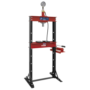 Introducing the Sealey Hydraulic Press 10 Tonne Floor Type - YK10F: a high-quality red and black steel hydraulic shop press featuring a pressure gauge mounted on top. Equipped with an operation lever handle on the right side, this economy model offers impressive corrosion resistance.