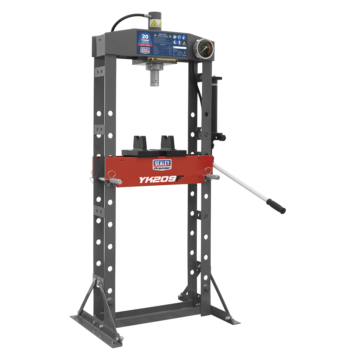 The Sealey Hydraulic Press 20 Tonne Floor Type, labeled "YK209F," features a red base, a pressure gauge, and a long operating handle on the right side. It also boasts a heavy-duty steel frame for added durability.